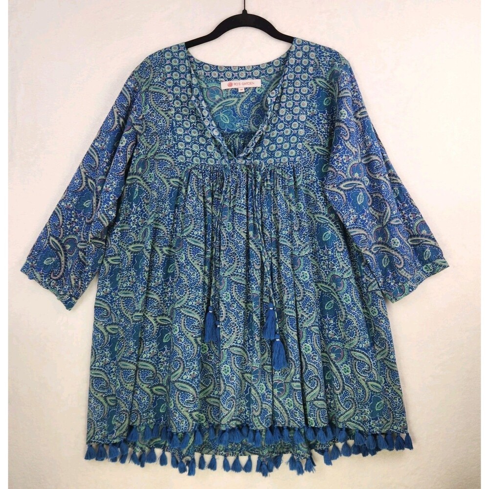 Ro's‎ Garden Tunic Dress Medium 100% Cotton Paisley Print Tassels Boho India